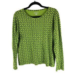 Kim Rogers Green Geometric Long Sleeve Scoop Neck Top Cotton Size L
